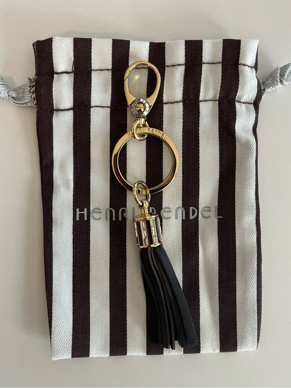Henri Bendel Black Leather Crystal Tassel Bag Charm Keychain w/ Dust Bag